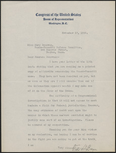 Victor L. Berger typed letter signed to Mary Donovan, Washington, D.C., November 17, 1926