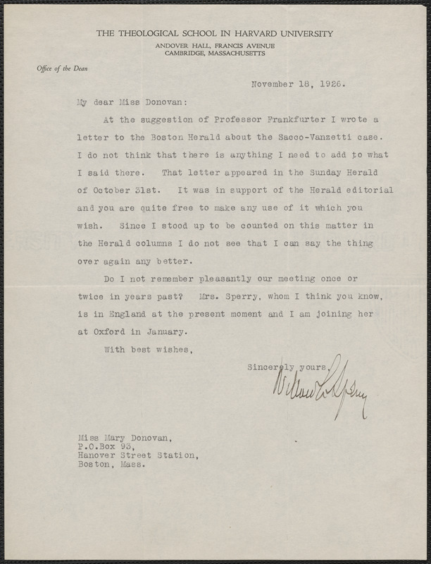 Willard Learoyd Sperry typed letter signed to Mary Donovan, Cambridge ...