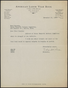 Solon De Leon (American Labor Year Book) typed note signed to Mary Donovan, New York, N.Y., November 19, 1926