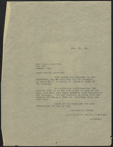 Sacco-Vanzetti Defense Committee typed letter (copy) to Mrs. Charles Anderson, Boston, Mass., November 22, 1926