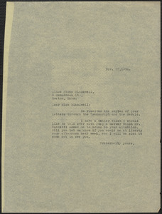 Sacco-Vanzetti Defense Committee typed letter (copy) to Alice Stone Blackwell, Boston, Mass., November 22, 1926
