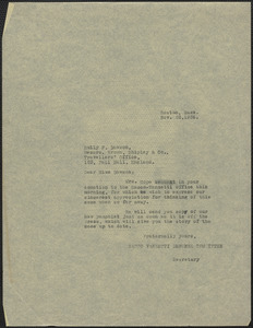 Sacco-Vanzetti Defense Committee typed letter (copy) to Emily P. Dawson, Boston, Mass., November 22, 1926