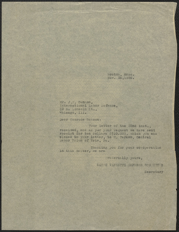 Sacco-Vanzetti Defense Committee typed note (copy) to James P. Cannon (International Labor Defense), November 26, 1926