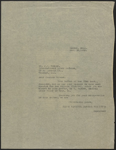 Sacco-Vanzetti Defense Committee typed note (copy) to James P. Cannon (International Labor Defense), November 26, 1926