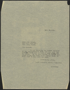 Sacco-Vanzetti Defense Committee typed note to Alma Holser, Boston, Mass, November 29, 1926