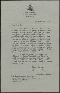 Mary Ross (The Survey) typed letter signed to Joseph Moro, New York, N.Y., November 30, 1926