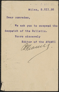 Avanti typed note signed postcard to Saccco-Vanzetti Defense Committee, Milan, Italy, December 2, 1926