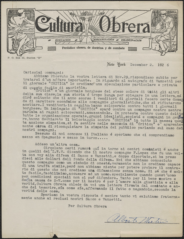 Alberto Martini (Cultura Obrera) typed letter signed, in Italian, to Sacco-Vanzetti Defense Committee, New York. N.Y., December 2, 1926