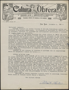 Alberto Martini (Cultura Obrera) typed letter signed, in Italian, to Sacco-Vanzetti Defense Committee, New York. N.Y., December 2, 1926