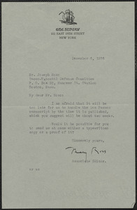 Mary Ross (The Survey) typed letter signed to Joseph Moro, New York, N.Y., December 6, 1926