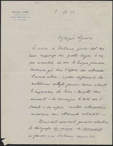 Antonio Coen autograph letter signed, in Italian, to Sacco-Vanzetti Defense Committee, Paris, France, December 8, 1926
