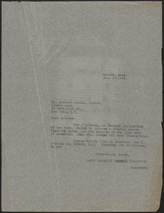 Sacco-Vanzetti Defense Committee typed note (copy) to Leonard D. Abbott (The Square Deal), Boston, Mass., December 13, 1926