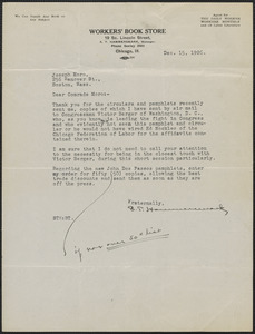 S. T. Hammersmark (Workers' Book Store) typed letter signed to Joseph Moro, Chicago, Ill., December 15, 1926