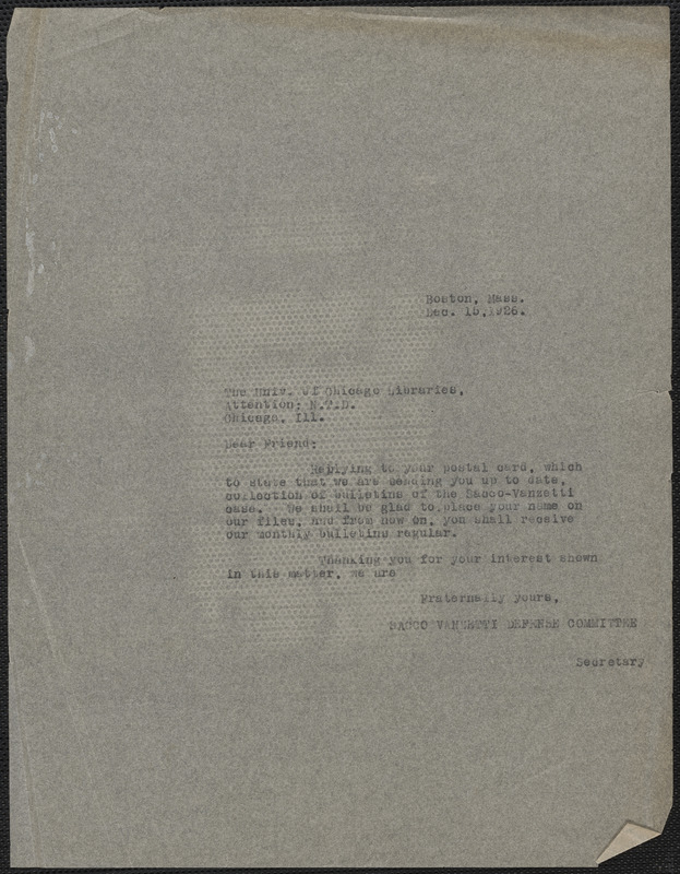 Sacco-Vanzetti Defense Committee typed note (copy) to University of Chicago Libraries, Boston, Mass., December 15, 1926