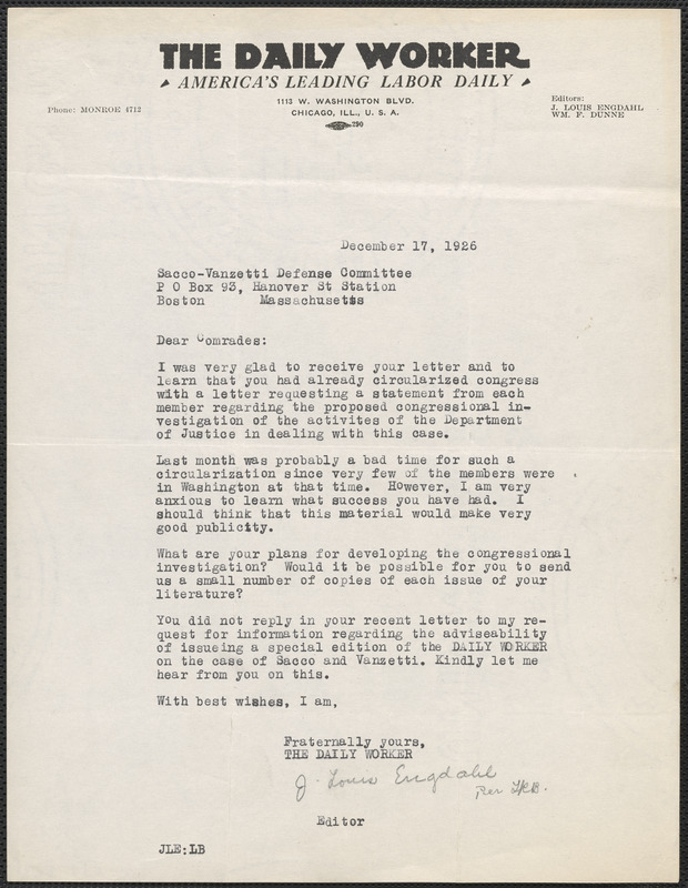 J. Louis Engdahl (The Daily Worker) typed letter signed to Sacco-Vanzetti Defense Committee, Chicago, Ill., December 17, 1926
