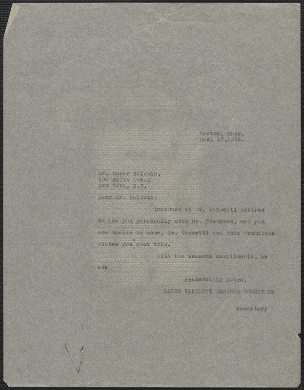 Sacco-Vanzetti Defense Committee typed note signed to Roger N. Baldwin, Boston, Mass., December 17, 1926