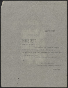 Sacco-Vanzetti Defense Committee typed note signed to Roger N. Baldwin, Boston, Mass., December 17, 1926