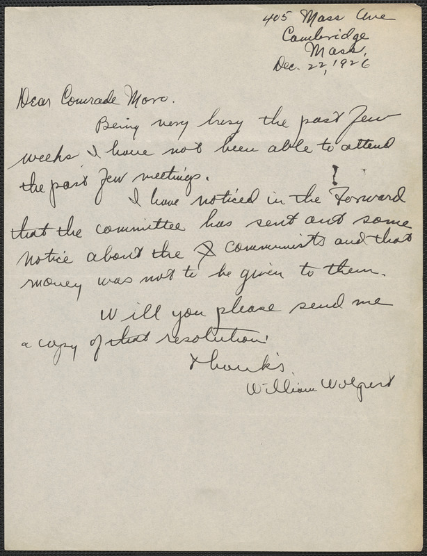 William Walpert autograph letter signed to Joseph Moro, Cambridge, Mass., December 22, 1926
