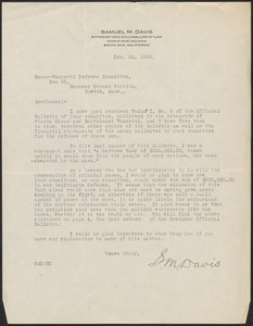 Samuel M. Davis typed letter signed to Sacco-Vanzetti Defense Committee, Santa Ana, Calif., December 23, 1926