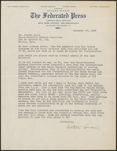 Esther Lowell (The Federated Press) typed letter signed to Joseph Moro, New York, N.Y., 27 December 1926