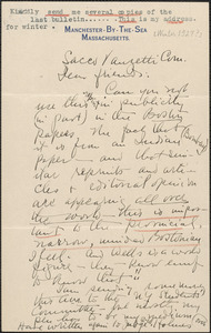 Blanche Watson autograph letter signed to Sacco-Vanzetti Defense Committee, Manchester-By-The-Sea, Mass., [Winter 1927?]