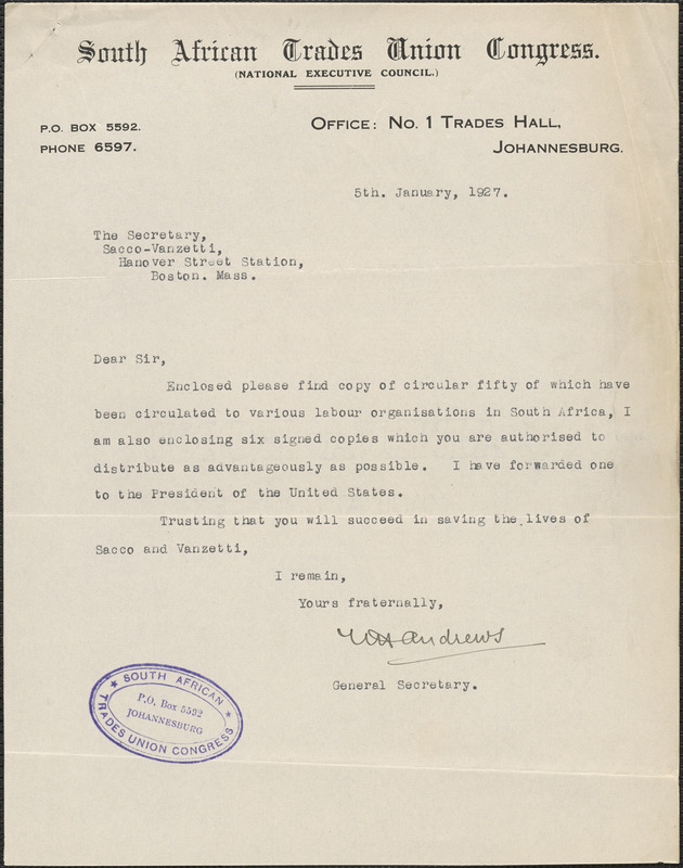 W. Andrews (South African Trades Union Congress) typed letter signed to Sacco-Vanzetti Defense Committee, Johannesburg, South Africa, January 5, 1927