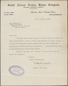 W. Andrews (South African Trades Union Congress) typed letter signed to Sacco-Vanzetti Defense Committee, Johannesburg, South Africa, January 5, 1927