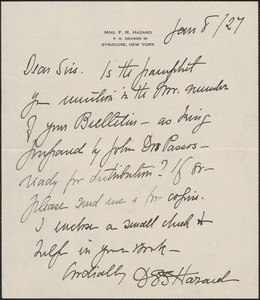 Dora G. Sedgwick Hazard autograph note signed to Sacco-Vanzetti Defense Committee, Syracuse, N.Y., January 8, 1927