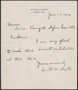 Smith O. Dexter autograph note signed to Sacco-Vanzetti Defense Committee, Concord, Mass., January 12, 1927