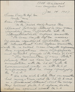 Joseph Spivak (United Front Sacco-Vanzetti Defense Conference) autograph letter signed to Sacco-Vanzetti Defense Committee, Los Angeles, Calif., January 14, 1927