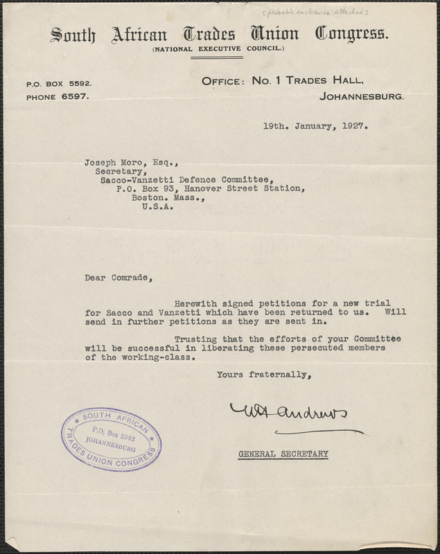 W. Andrews (South African Trades Union Congress) typed note signed to Joseph Moro, Johannesburg, South Africa, January 19, 1927