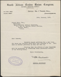 W. Andrews (South African Trades Union Congress) typed note signed to Joseph Moro, Johannesburg, South Africa, January 19, 1927