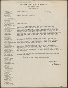 Sailendra N. Ghose (The India Freedom Foundation, Inc.) typed letter signed to Sacco-Vanzetti Defense Committee, New York, N.Y., January 25, 1927