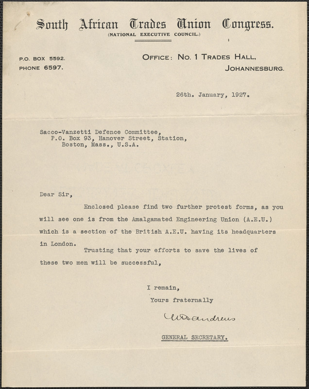 W. Andrews (South African Trades Union Congress) typed note signed to Sacco-Vanzetti Defense Committee, Johannesburg, South Africa, January 26, 1927