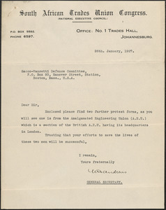 W. Andrews (South African Trades Union Congress) typed note signed to Sacco-Vanzetti Defense Committee, Johannesburg, South Africa, January 26, 1927