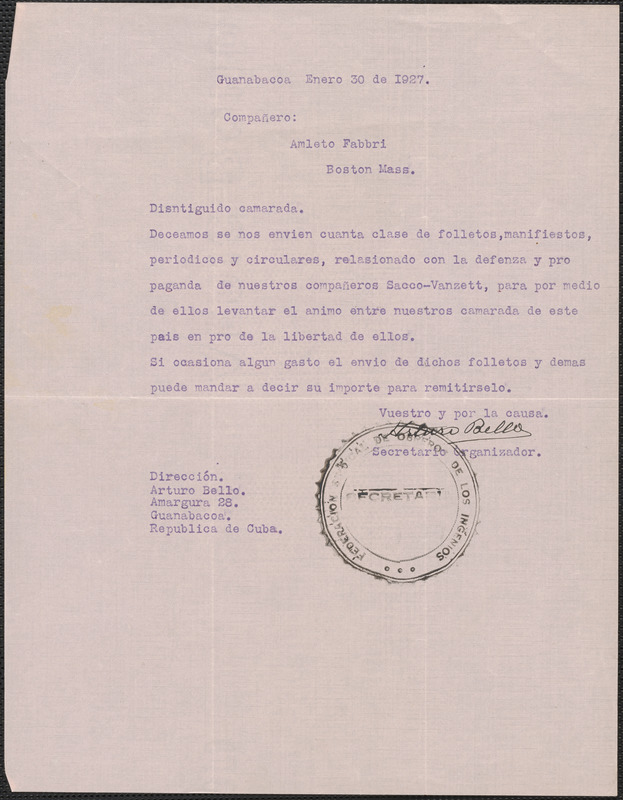 Arturo Bello typed letter signed, in Spanish, to Sacco-Vanzetti Defense Committee, Guanabacca, Cuba, January 30, 1927