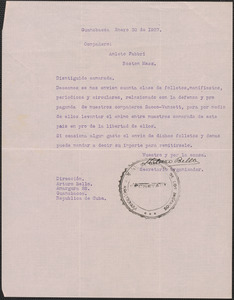 Arturo Bello typed letter signed, in Spanish, to Sacco-Vanzetti Defense Committee, Guanabacca, Cuba, January 30, 1927