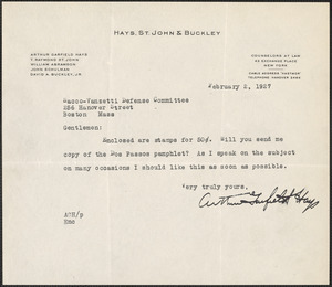 Arthur Garfield Hays typed note signed to Sacco-Vanzetti Defense Committee, New York, N.Y., February 2, 1927