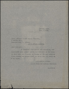 Sacco-Vanzetti Defense Committee typed note (copy) to W. Andrews (South African Trades Union Congress), Boston, Mass., February 3, 1927