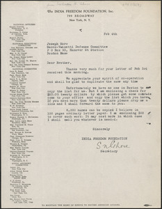 Sailendra Ghose (Indian Freedom Foundation) typed letter signed to Joseph Moro, New York, N.Y., February 4, 1927