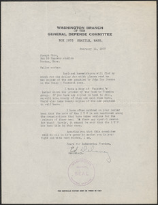 Ed Delaney (General Defense Committee, Washington Branch) typed letter signed to Joseph Moro, Seattle, Wash., February 11, 1927