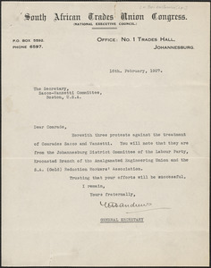 W. Andrews (South African Trades Union Congress) typed letter signed to Secretary, Sacco-Vanzetti Defense Committee, February 16, 1927