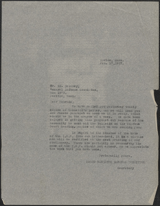 Sacco-Vanzetti Defense Committee typed letter copy) to Ed Delaney ...