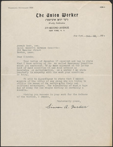 Simon A. Farber (The Union Worker) typed letter signed to Joseph Moro, New York, N.Y., February 23, 1927