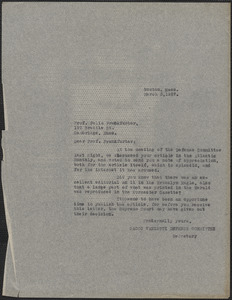 Joseph Moro (Sacco-Vanzetti Defense Committee) typed letter (copy) to Felix Frankfurter, Boston, Mass., March 3, 1927