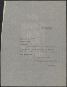Joseph Moro (Sacco-Vanzetti Defense Committee) typed note (copy) to Luce's Press Bureau, Boston, Mass., March 17, 1927