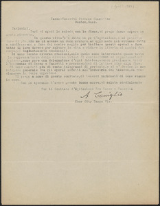 Alfonso Coniglio typed letter signed, in Italian, to Sacco-Vanzetti Defense Committee, Tampa, Fla., [April? 1927]