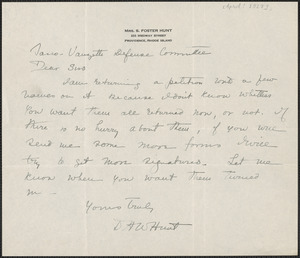 D. H. W. Hunt autograph letter signed to Sacco-Vanzetti Defense Committee, Providence, R.I., [April? 1927]