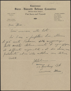 Joseph R. Salerno (Lawrence Sacco-Vanzetti Defense Committee) autograph letter signed, in Italian, to Joseph Moro, Lawrence, Mass., [April? 1927]