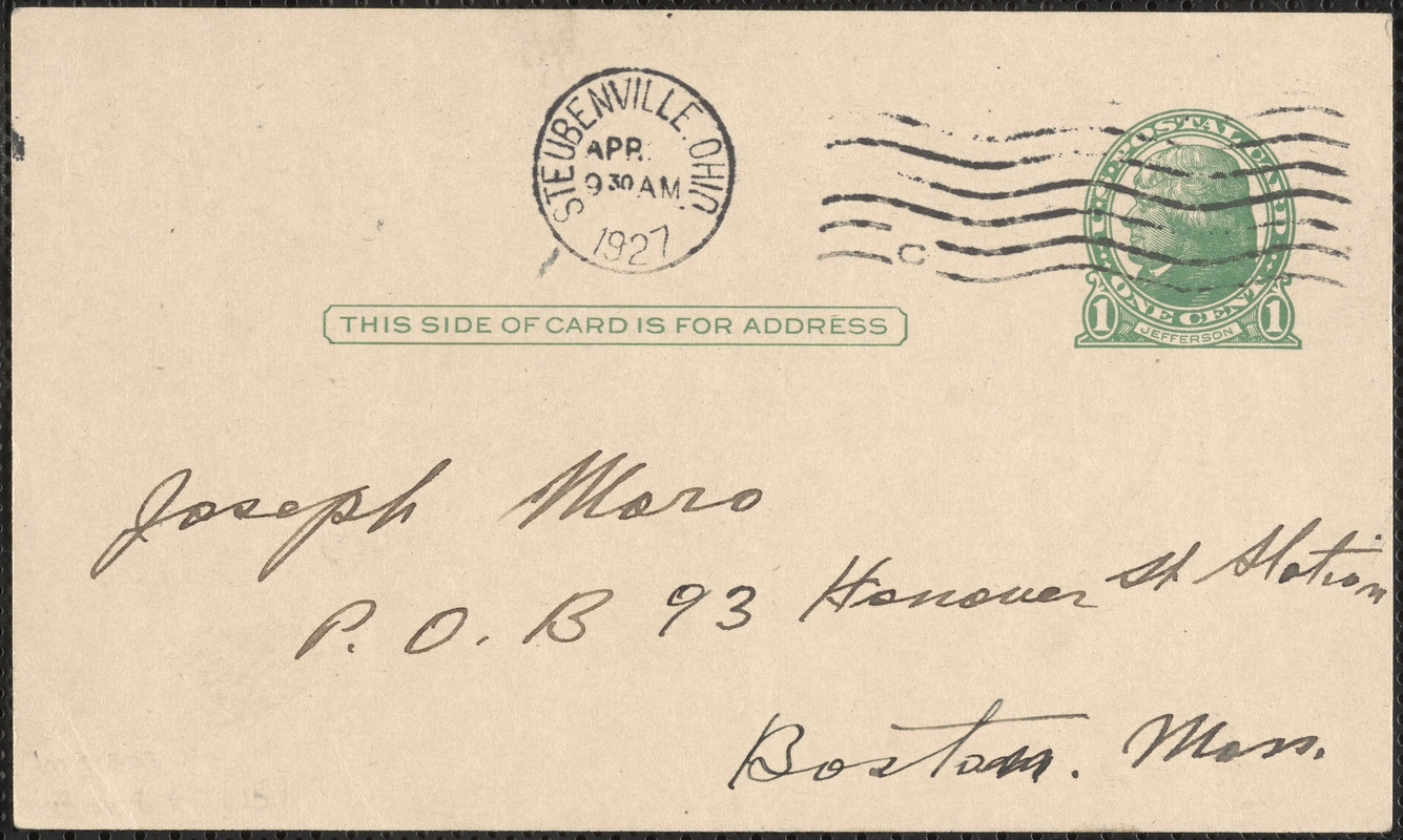 G. Simone autograph note (postcard) to Joseph Moro, Steubenville, Ohio, April 1927
